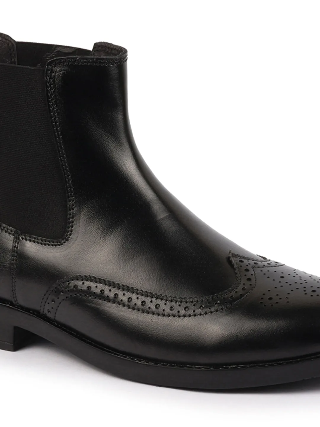 Men Black Genuine Leather Brogue High Ankle Slip On Chelsea Boots|Tuxedo Shoes