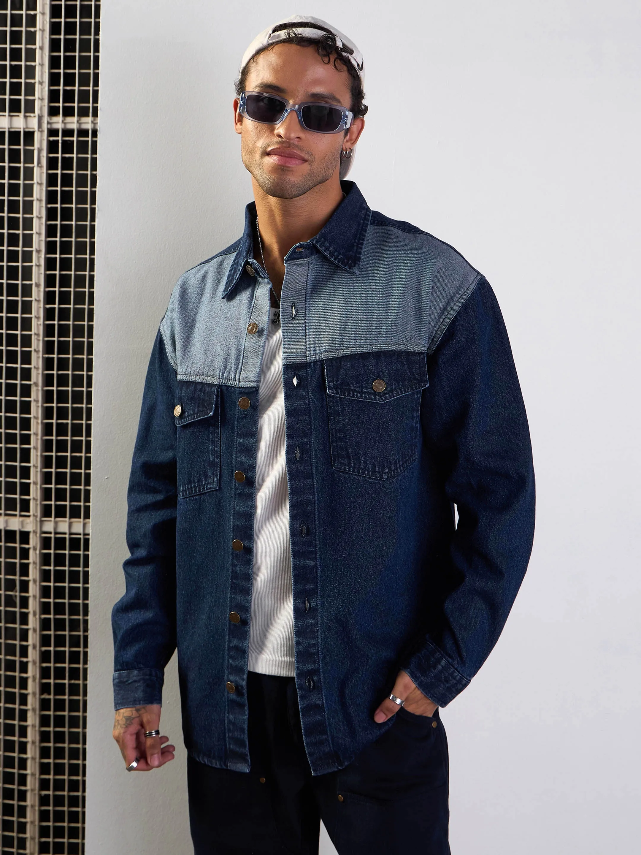 Men Blue Colour Block Oversize Shacket