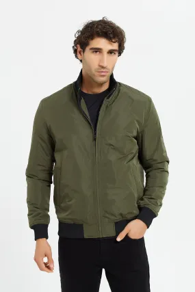 Men Olive Bomber Jacket With Faux Fur Lining