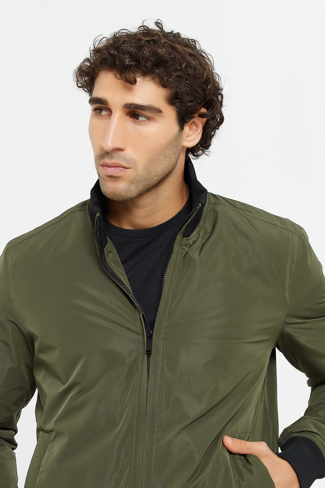 Men Olive Bomber Jacket With Faux Fur Lining