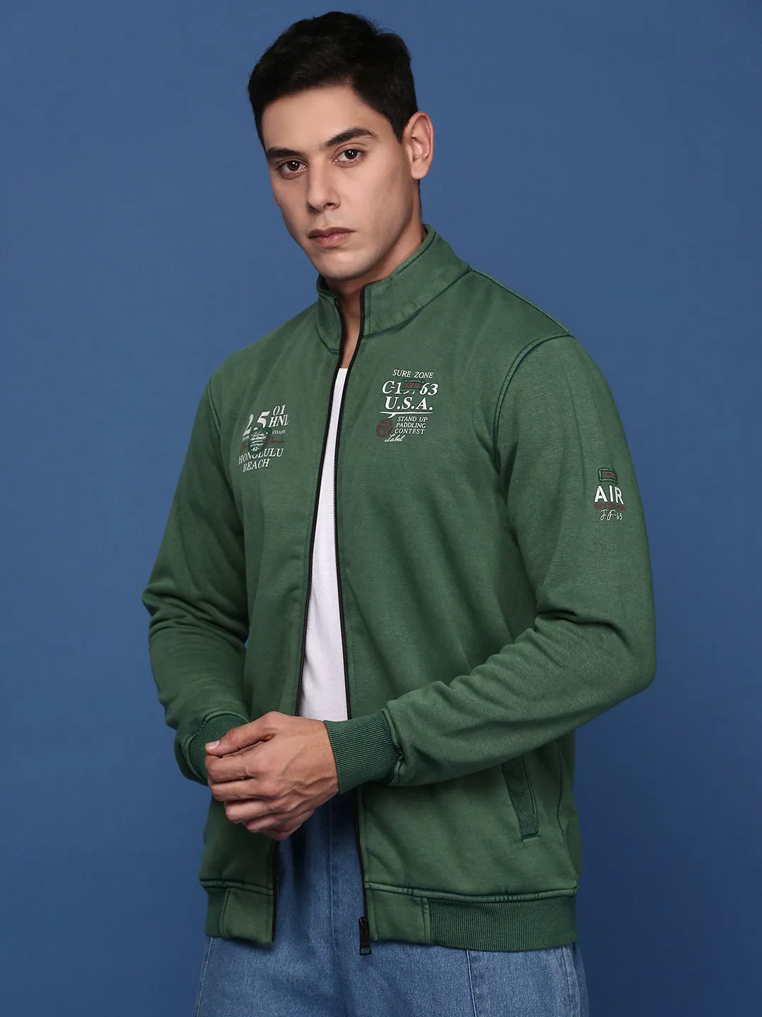 Men Solid Green Bomber Jacket