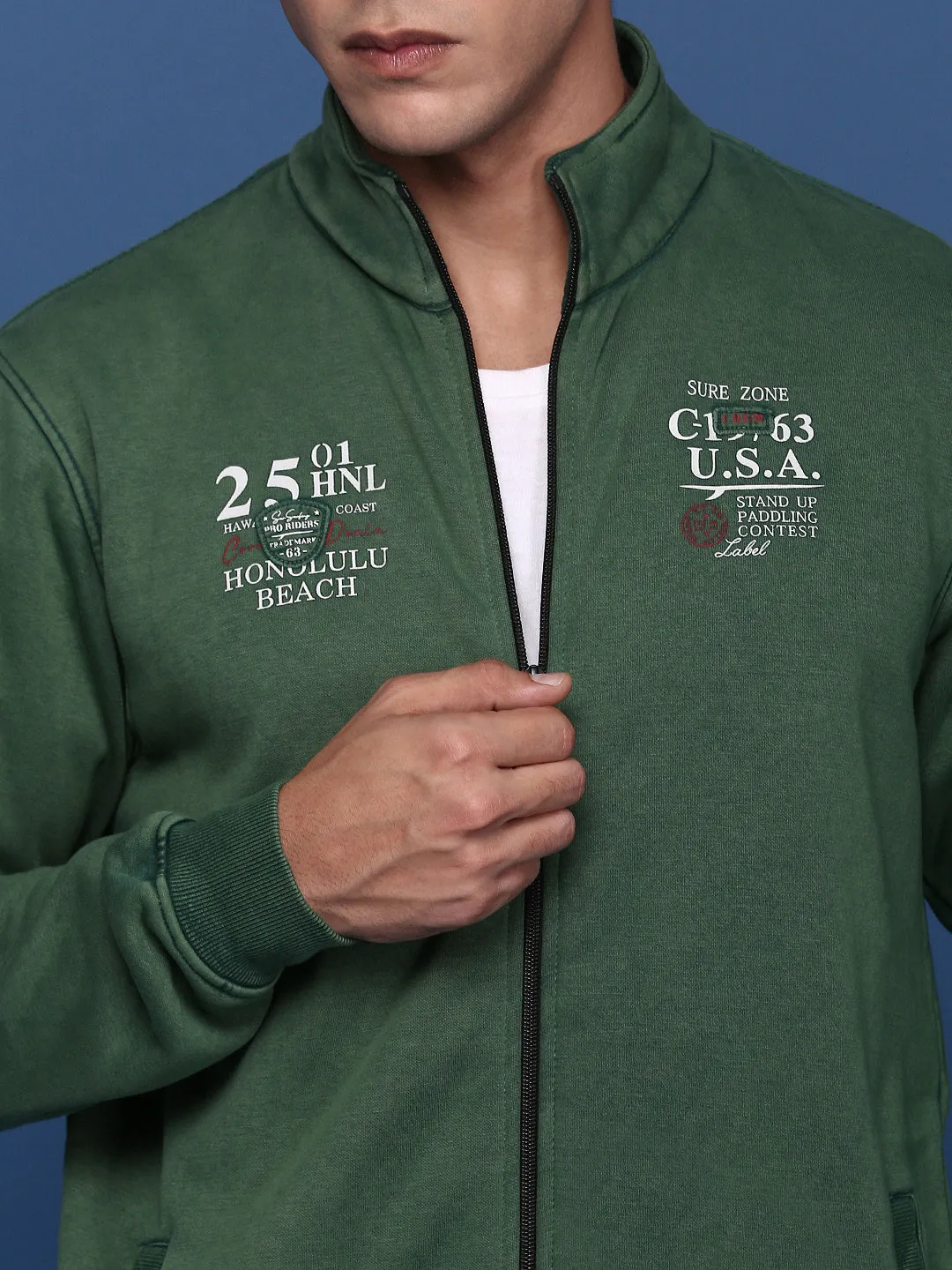 Men Solid Green Bomber Jacket