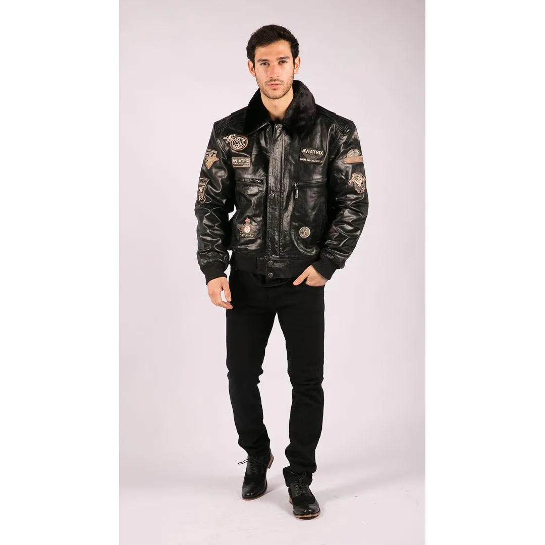 Mens Black Real Leather Bomber Aviator Badge Design Pilot Jacket Removable Fur Collar