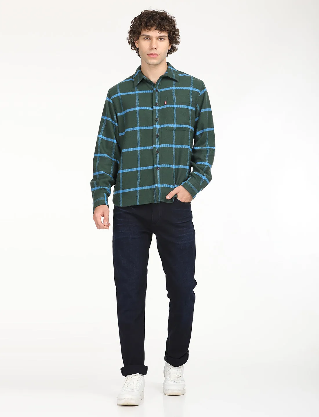 Men's Checkered Dark Green Spread Collar Shacket