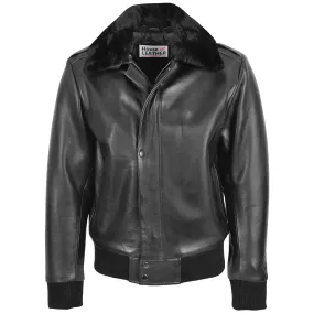 Mens Leather Bomber Pilot Jacket Removable Collar Leroy Black