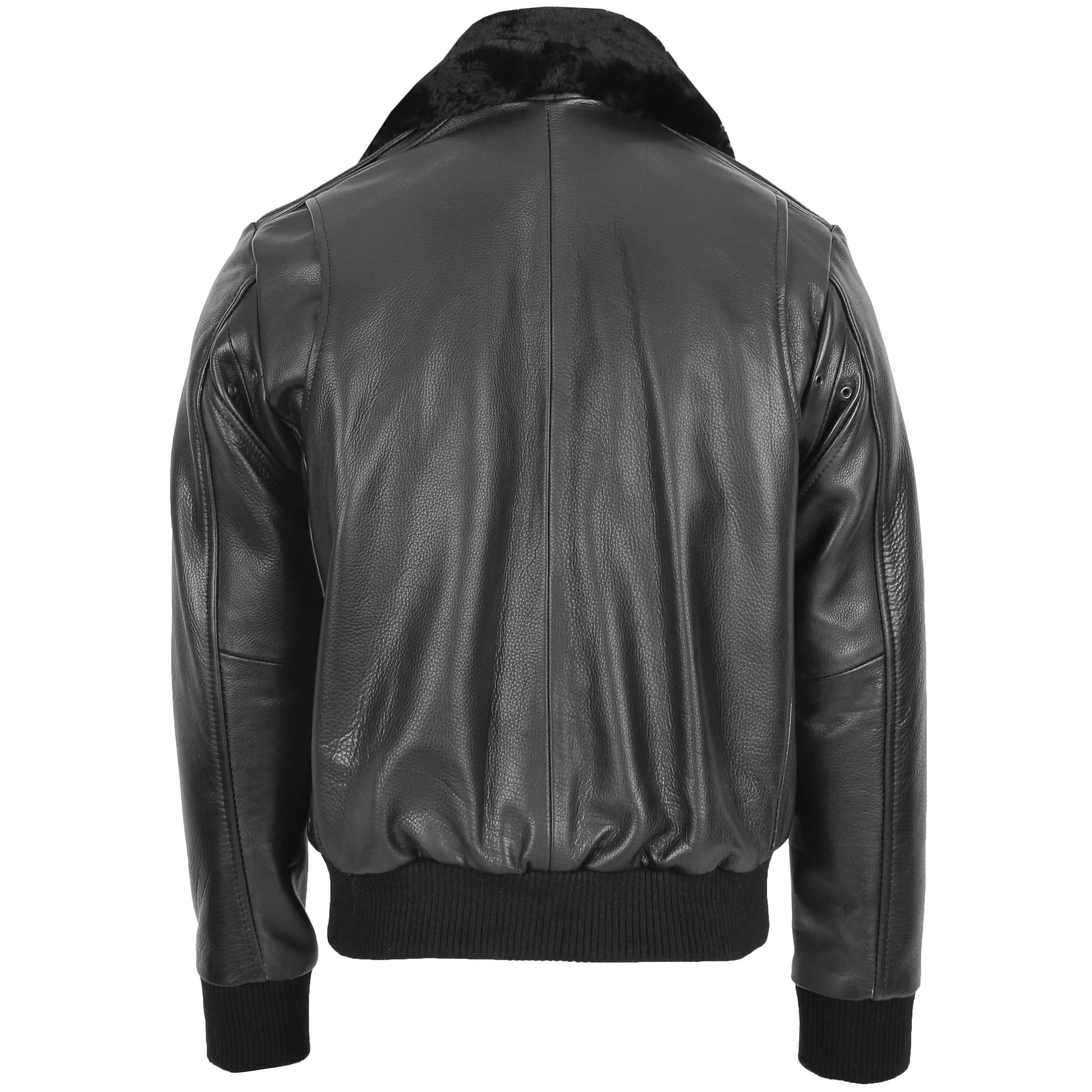 Mens Leather Bomber Pilot Jacket Removable Collar Leroy Black