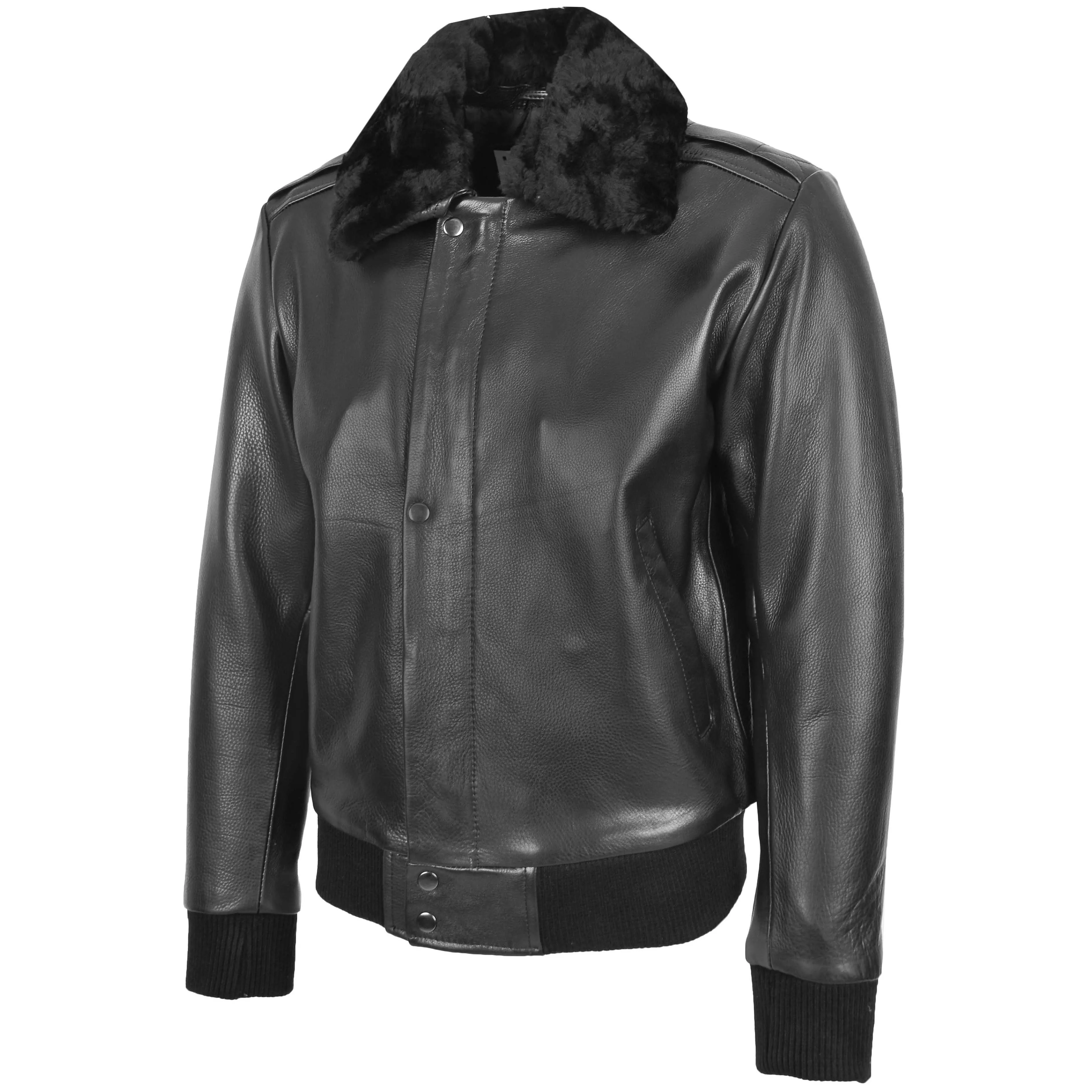 Mens Leather Bomber Pilot Jacket Removable Collar Leroy Black