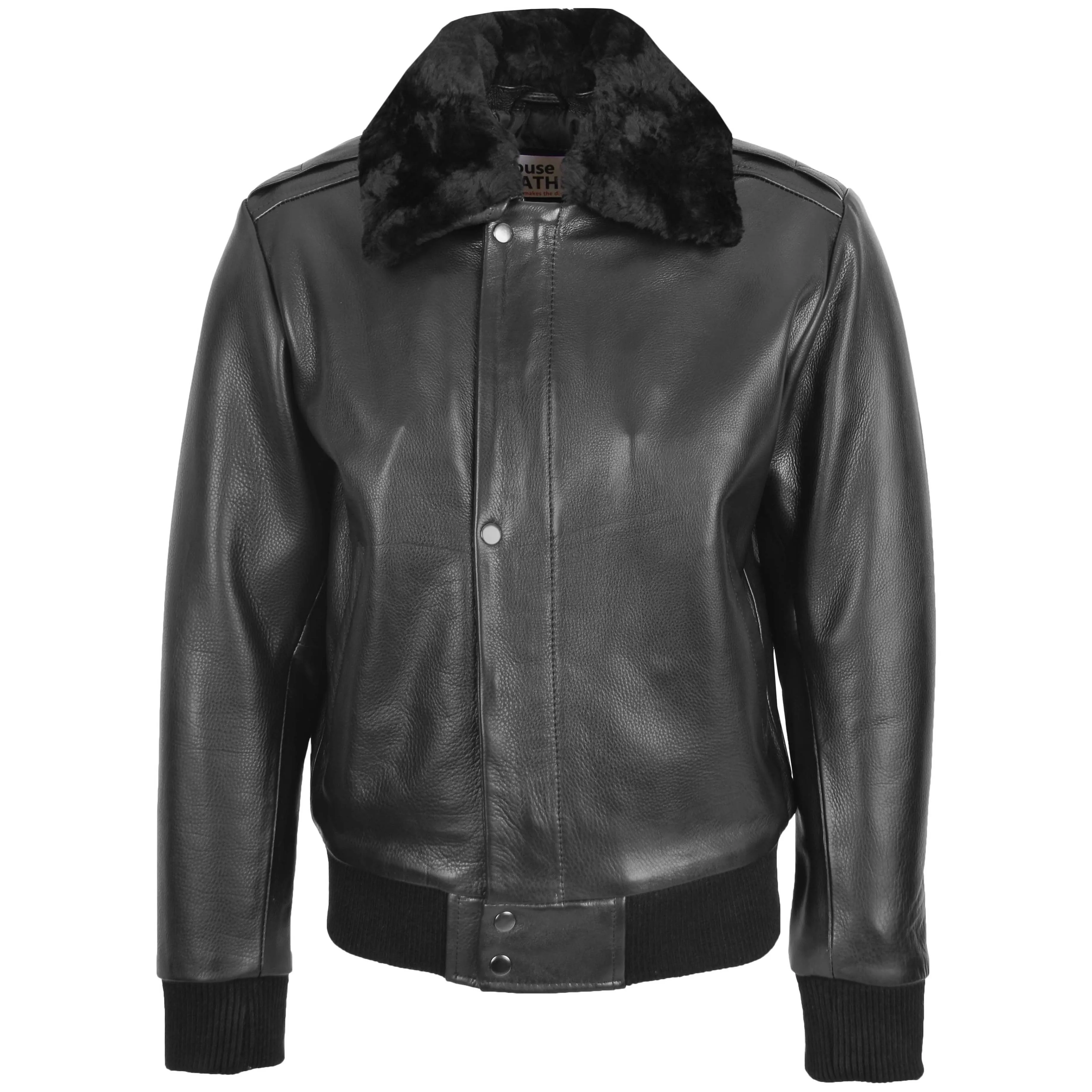 Mens Leather Bomber Pilot Jacket Removable Collar Leroy Black