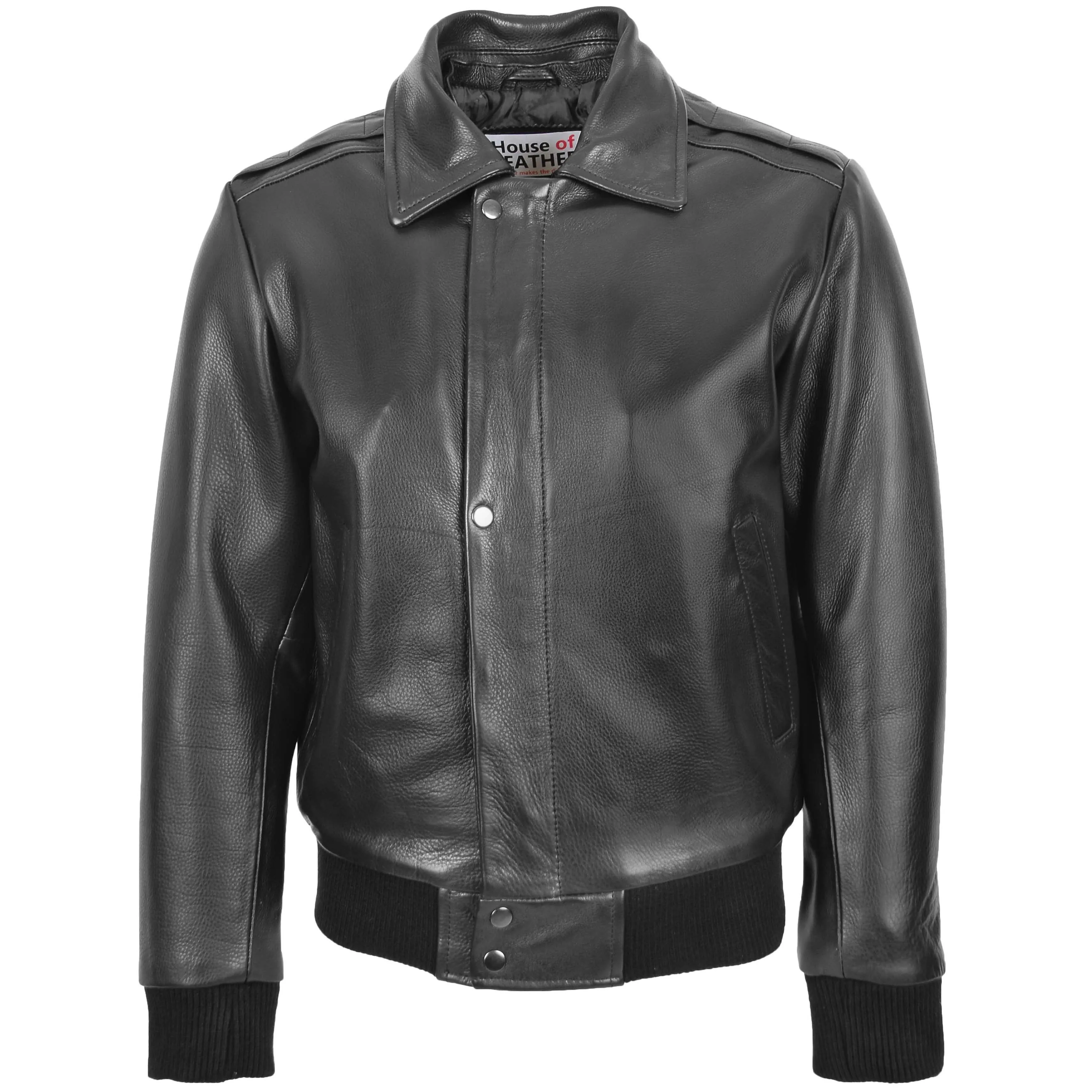 Mens Leather Bomber Pilot Jacket Removable Collar Leroy Black