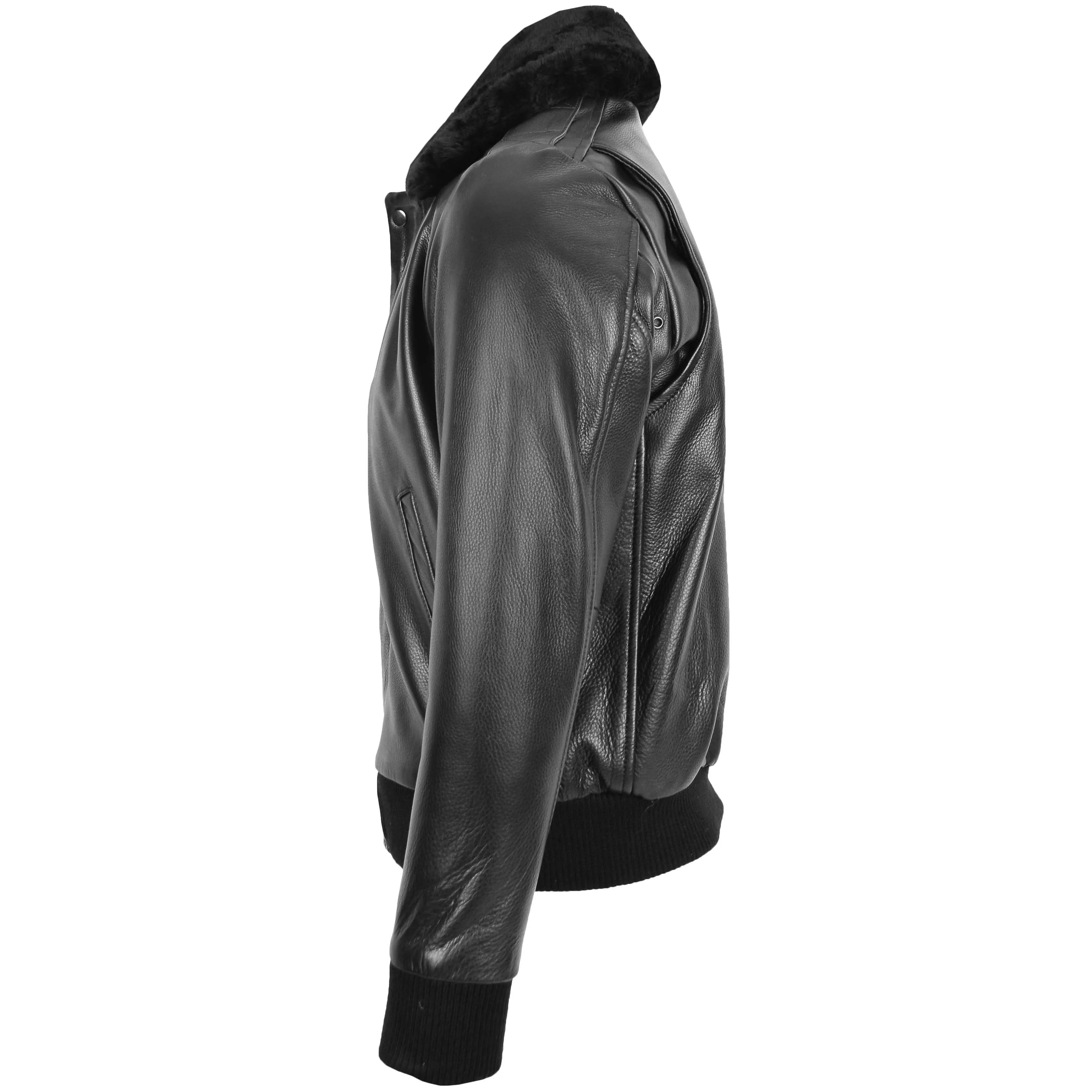 Mens Leather Bomber Pilot Jacket Removable Collar Leroy Black