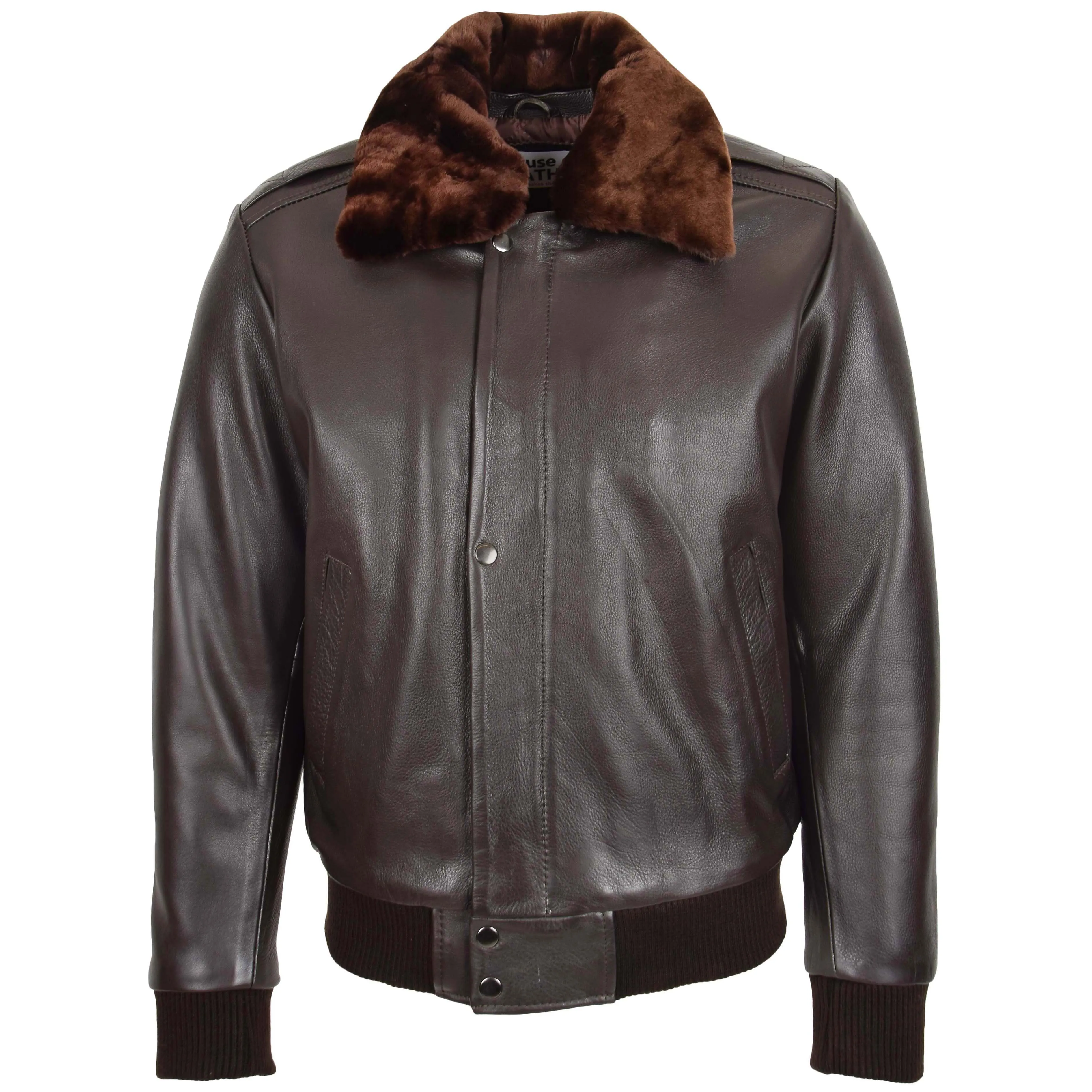 Mens Leather Bomber Pilot Jacket Removable Collar Leroy Brown