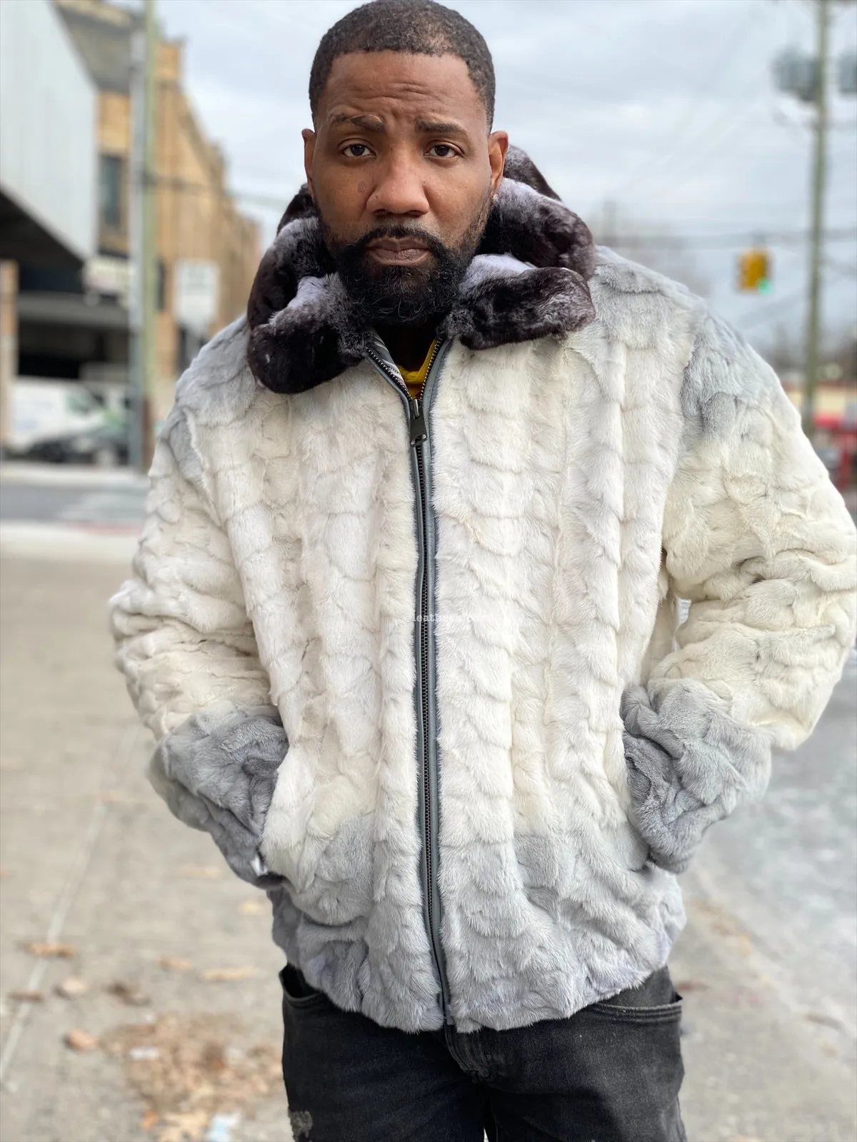 Men's Mink with Fox Fur Bomber Jacket With Chinchilla Collar [Multi-Gray]