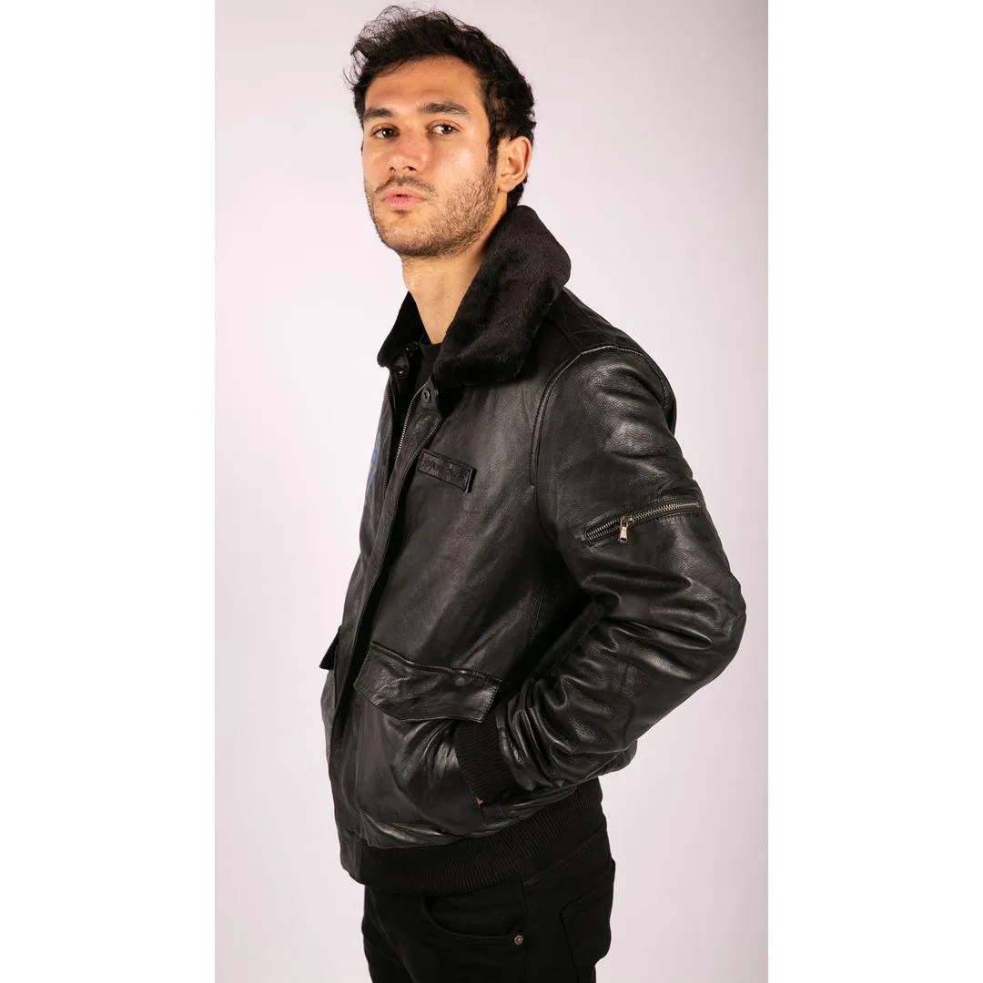 Mens Real Leather Bomber Jacket Aviator Fur Collar Pilot Raging Bull