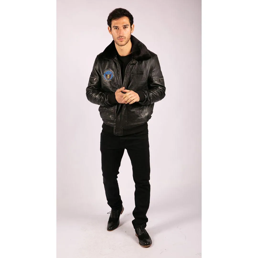 Mens Real Leather Bomber Jacket Aviator Fur Collar Pilot Raging Bull