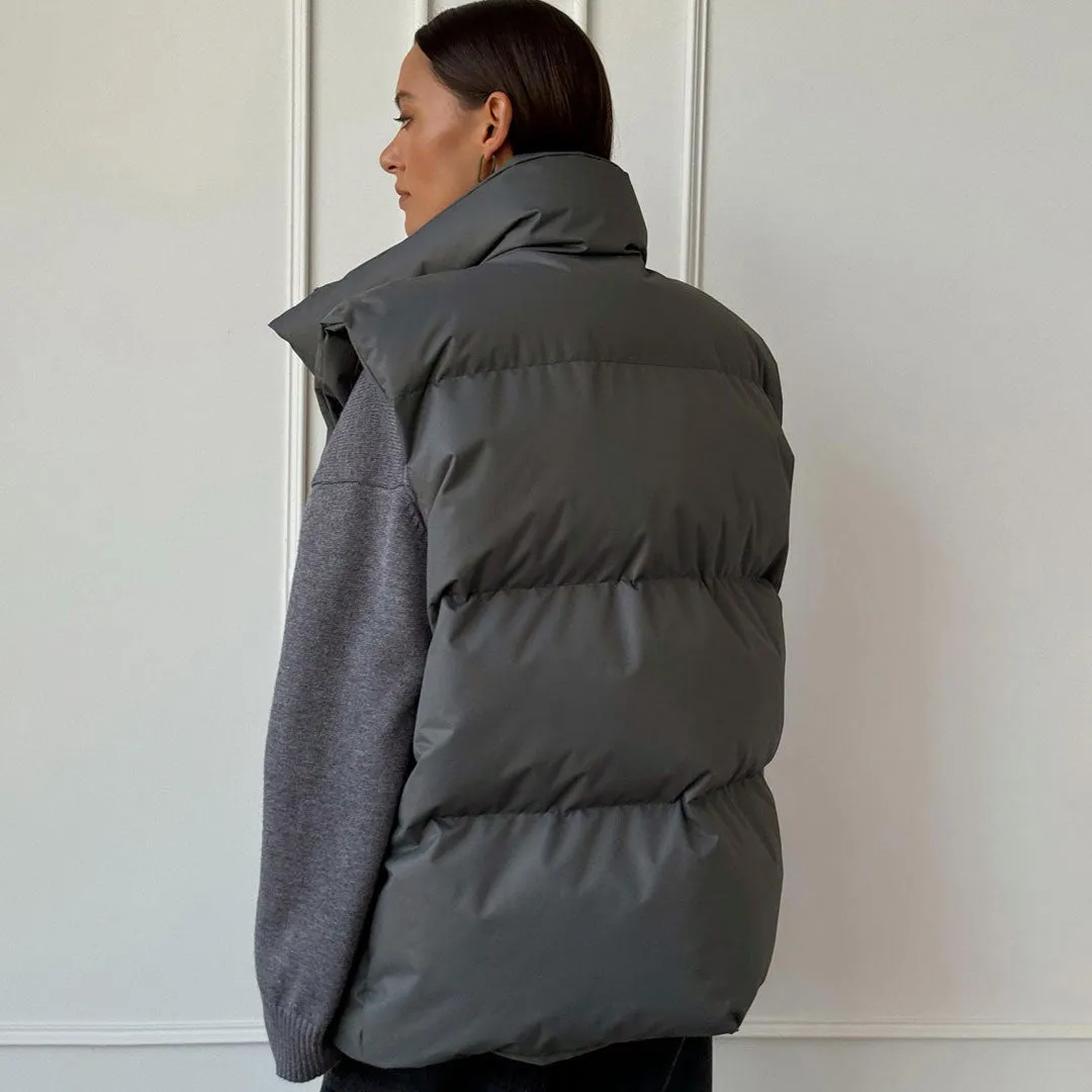 Metallic Monochrome High Neck Zip Up Winter Oversize Puffer Vest