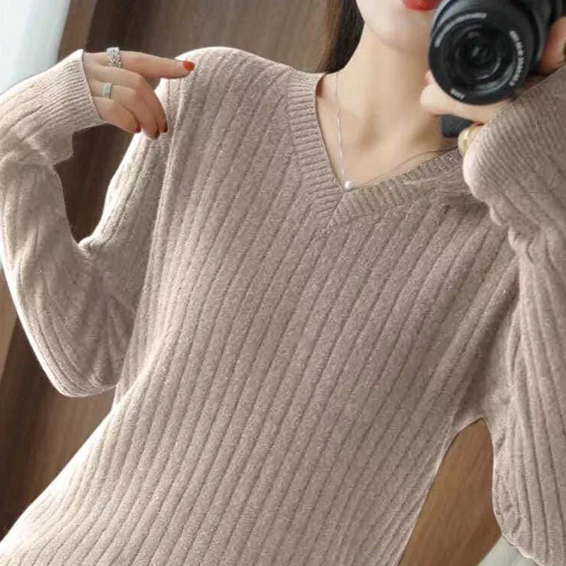 METAVERSMALL Autumn and winter trendy round neck V-neck long-sleeved outer sweater 2023 new thickened large size versatile temperament knitted sweater