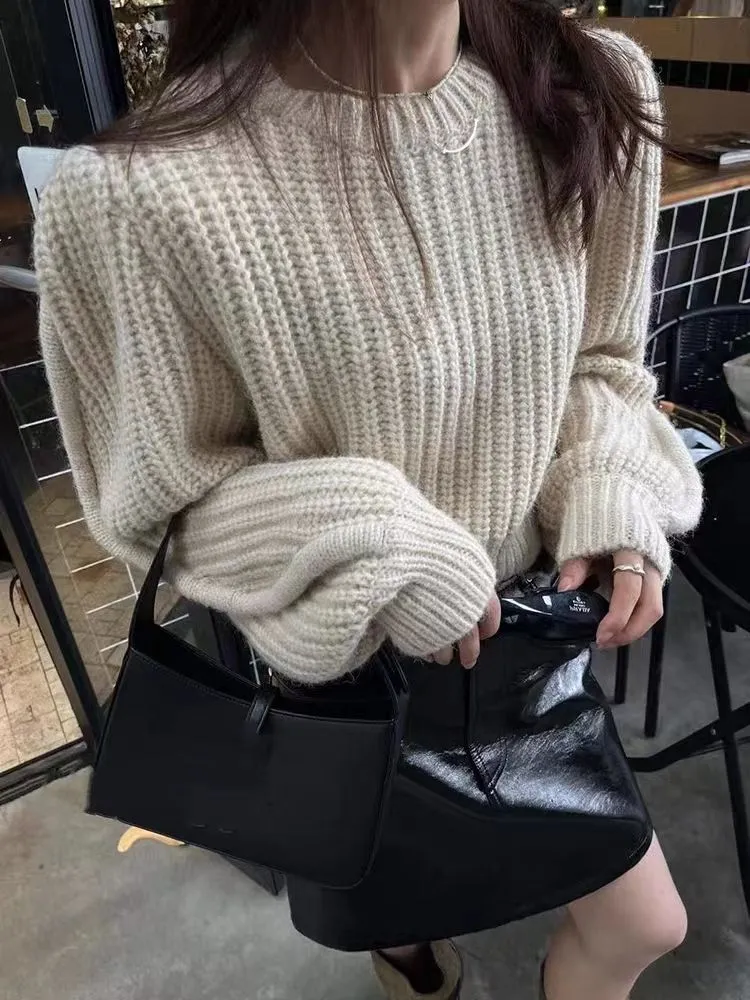 METAVERSMALL Small short niche Spice Girls loose base sweater 2023 autumn and winter pullover solid color crew neck knitted sweater