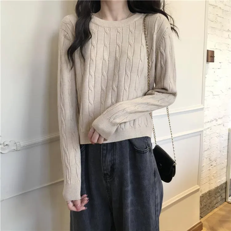 METAVERSMALL Small Thickened Lazy Wind Long Sleeve Crew Neck Twist Sweater 2023 Autumn and Winter Loose Pullover Bottom Knitted Sweater