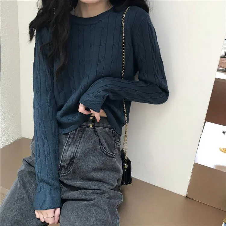 METAVERSMALL Small Thickened Lazy Wind Long Sleeve Crew Neck Twist Sweater 2023 Autumn and Winter Loose Pullover Bottom Knitted Sweater