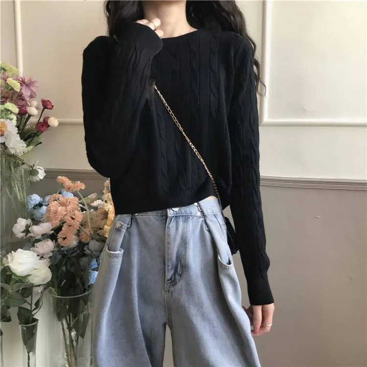 METAVERSMALL Small Thickened Lazy Wind Long Sleeve Crew Neck Twist Sweater 2023 Autumn and Winter Loose Pullover Bottom Knitted Sweater