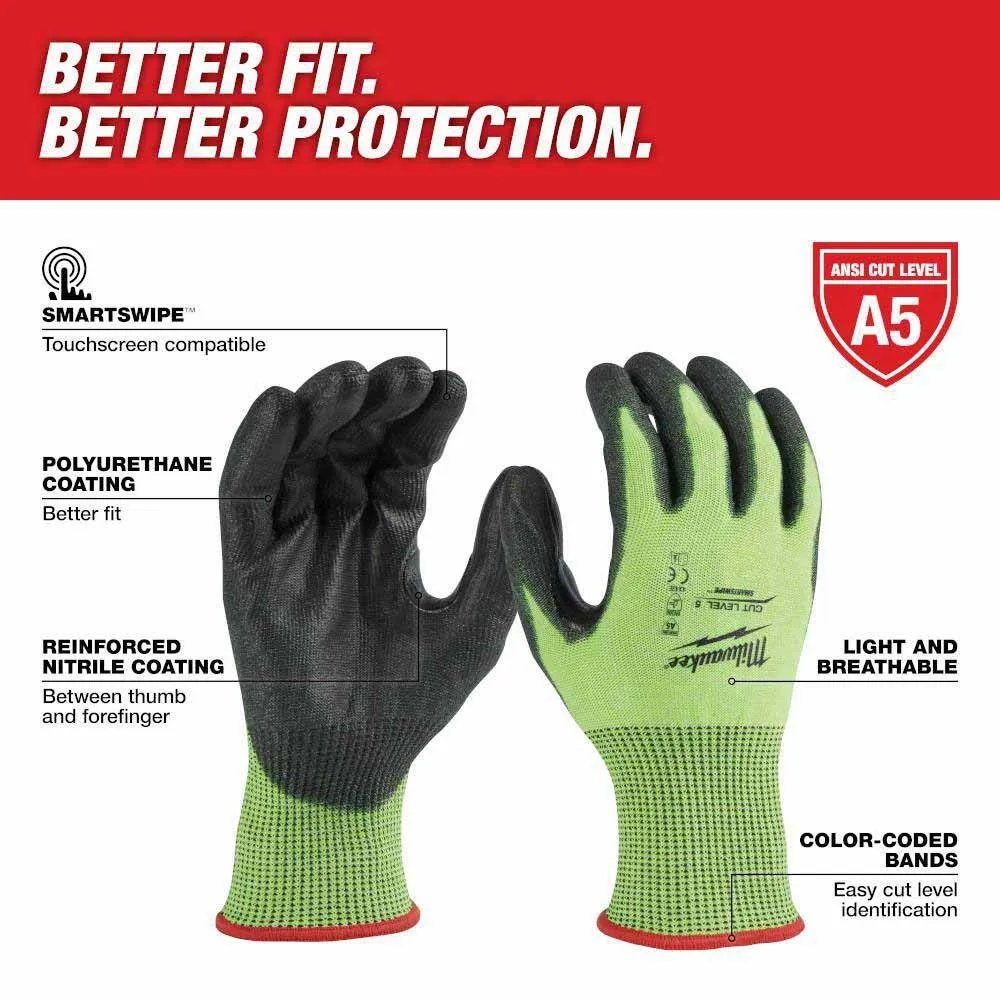 Milwaukee 48-73-8951 High Visibility Cut Level 5 Polyurethane Dipped Gloves - M