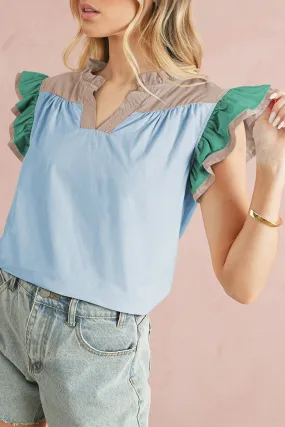 Mist Blue Colorblock Ruffled Sleeve Frill V Neck Blouse