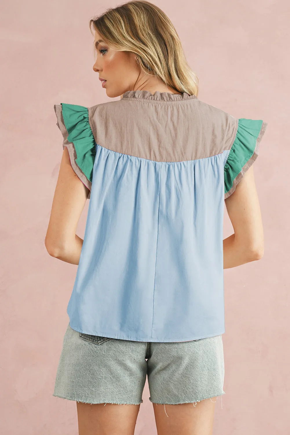 Mist Blue Colorblock Ruffled Sleeve Frill V Neck Blouse