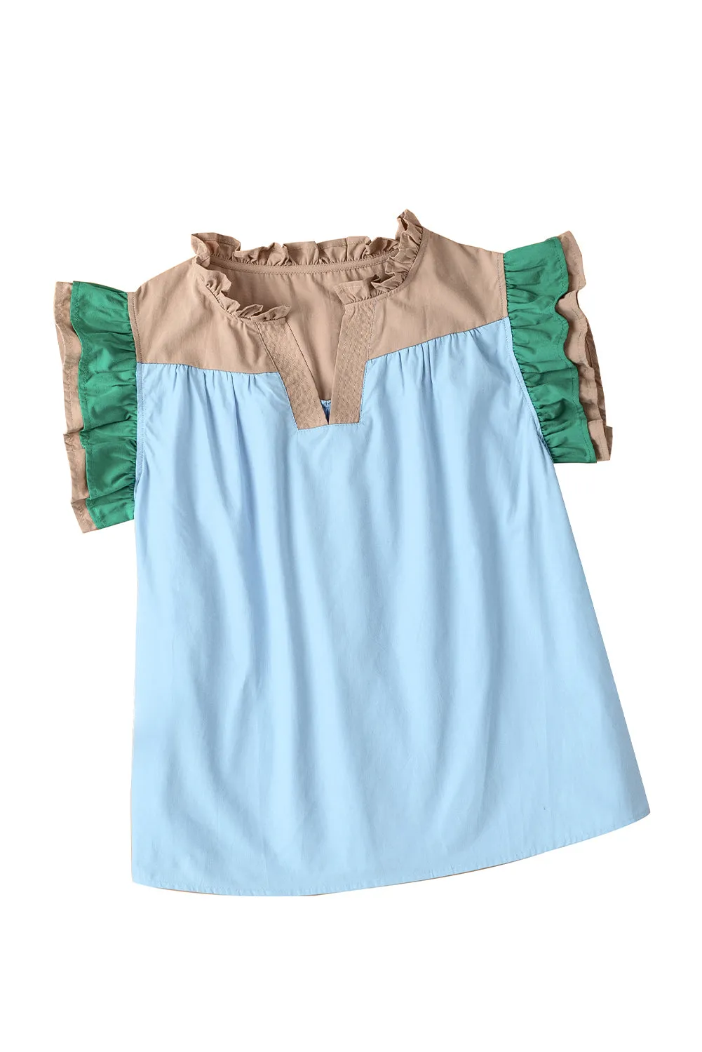 Mist Blue Colorblock Ruffled Sleeve Frill V Neck Blouse