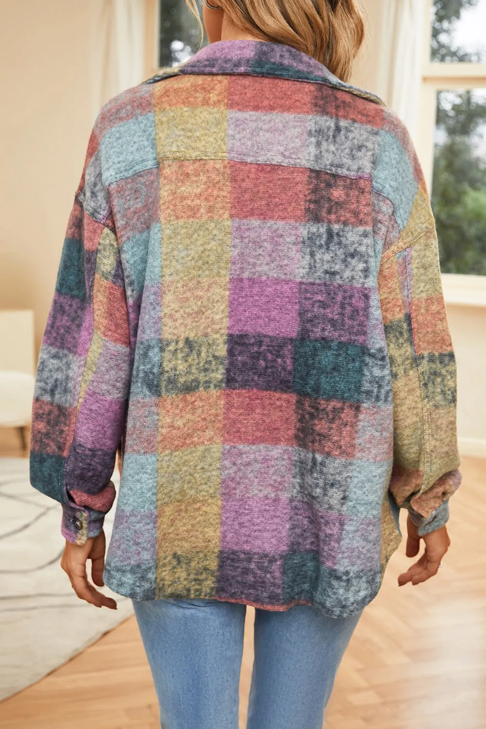 Multicolor Brushed Plaid Pocketed Oversize Shacket