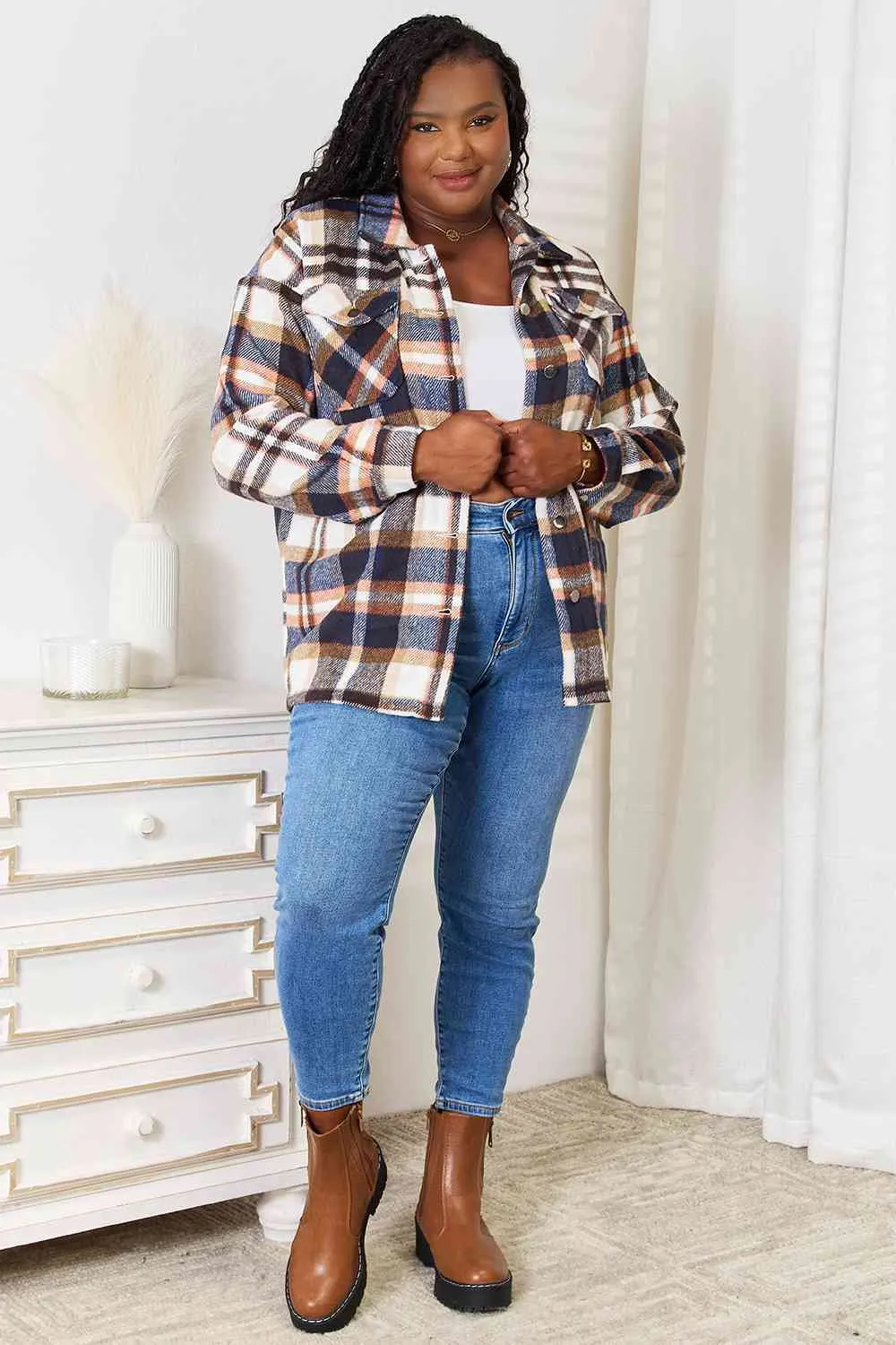 Navy Plaid Button Front Shirt Jacket with Breast Pockets