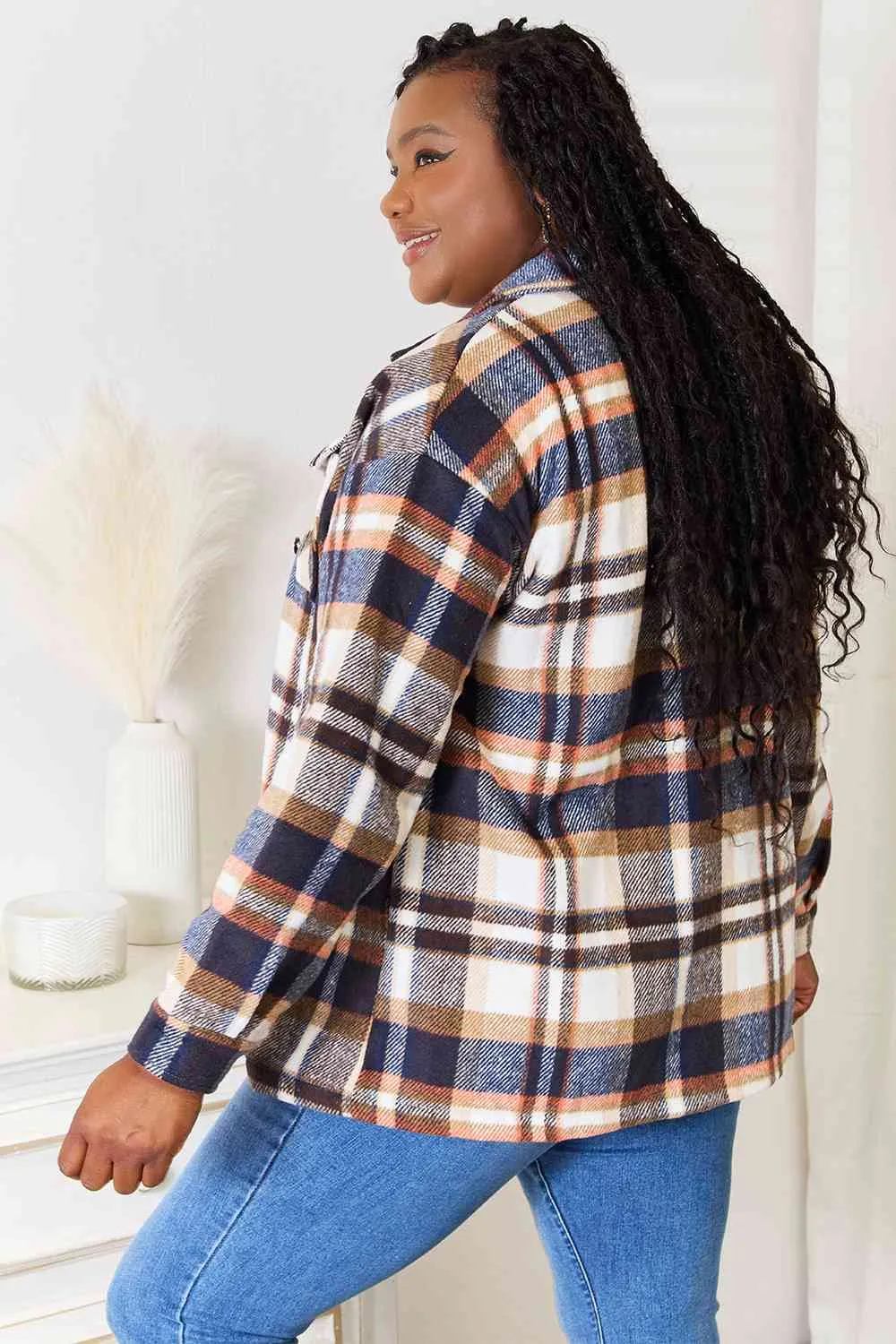 Navy Plaid Button Front Shirt Jacket with Breast Pockets