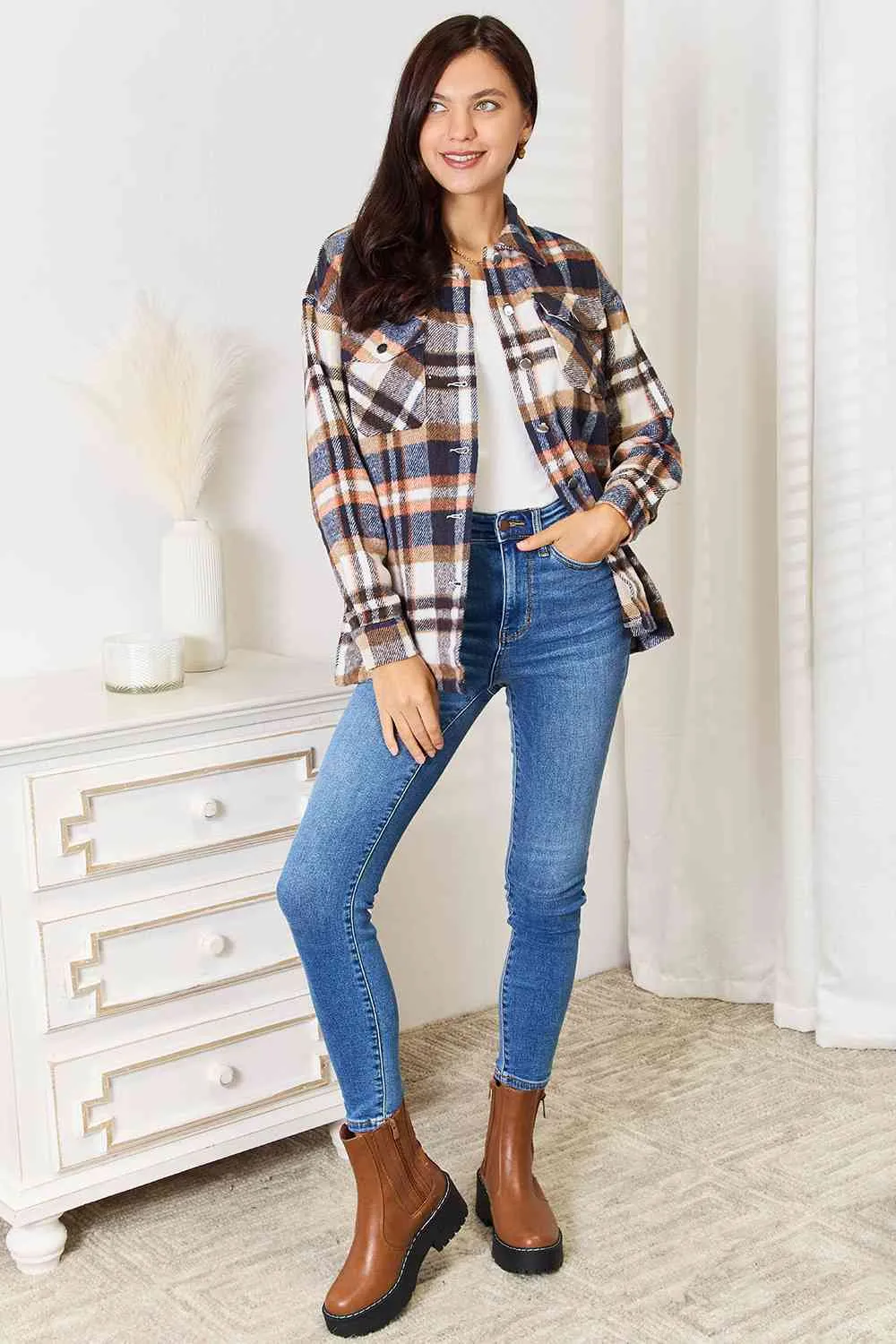 Navy Plaid Button Front Shirt Jacket with Breast Pockets