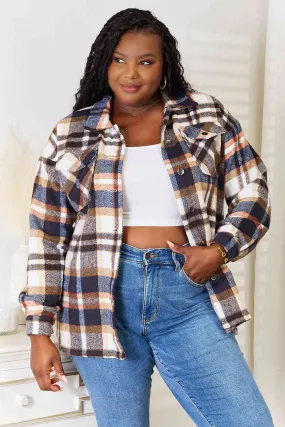 Navy Plaid Button Front Shirt Jacket with Breast Pockets