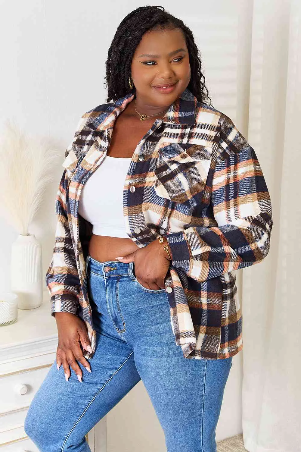 Navy Plaid Button Front Shirt Jacket with Breast Pockets