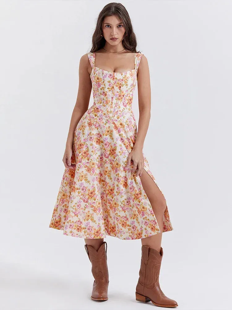 Off Shoulder A-line Spaghetti Strap Spring Summer Print Split Sexy Midi Dress