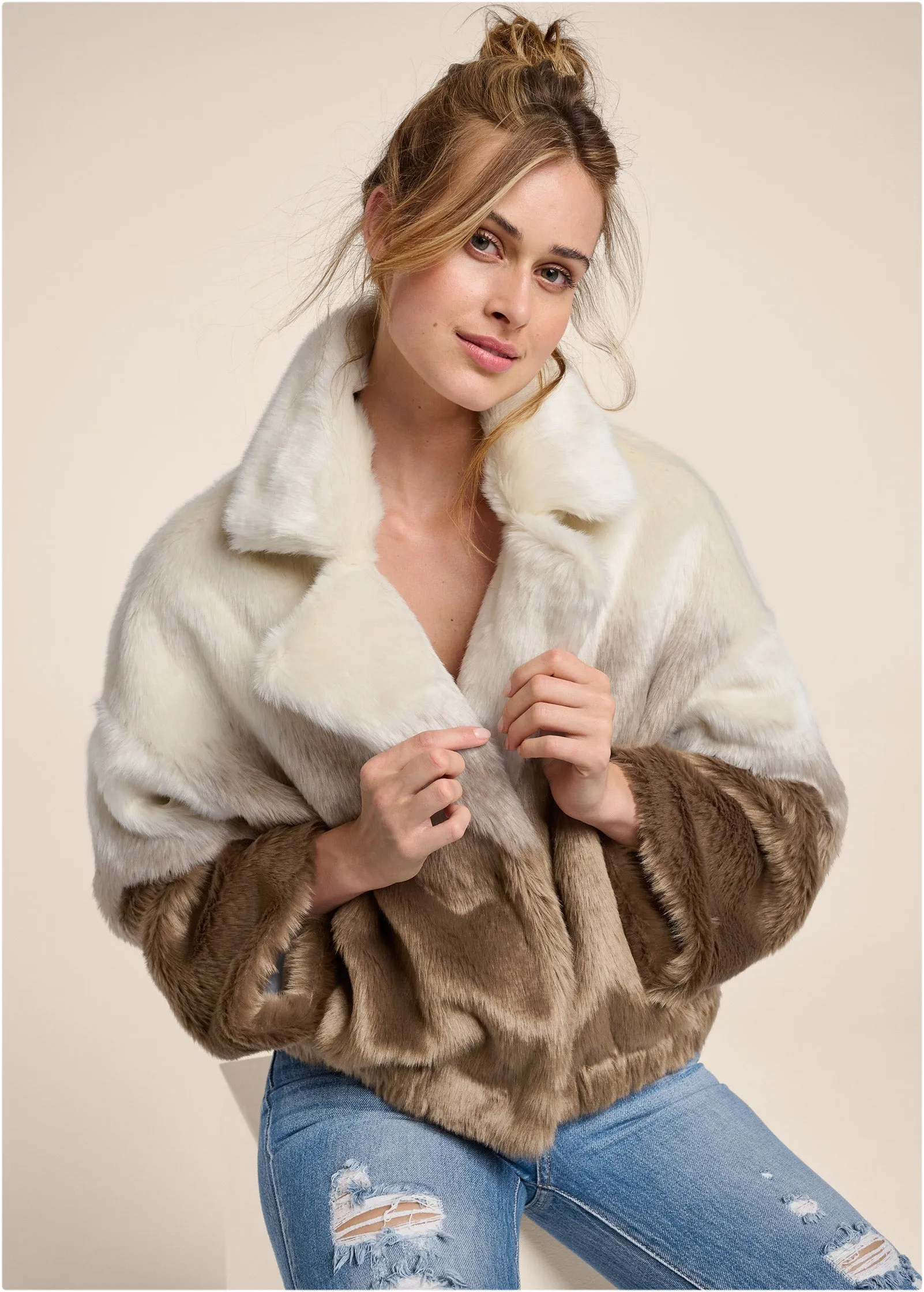 Ombre Faux Fur Coat - Cream Multi