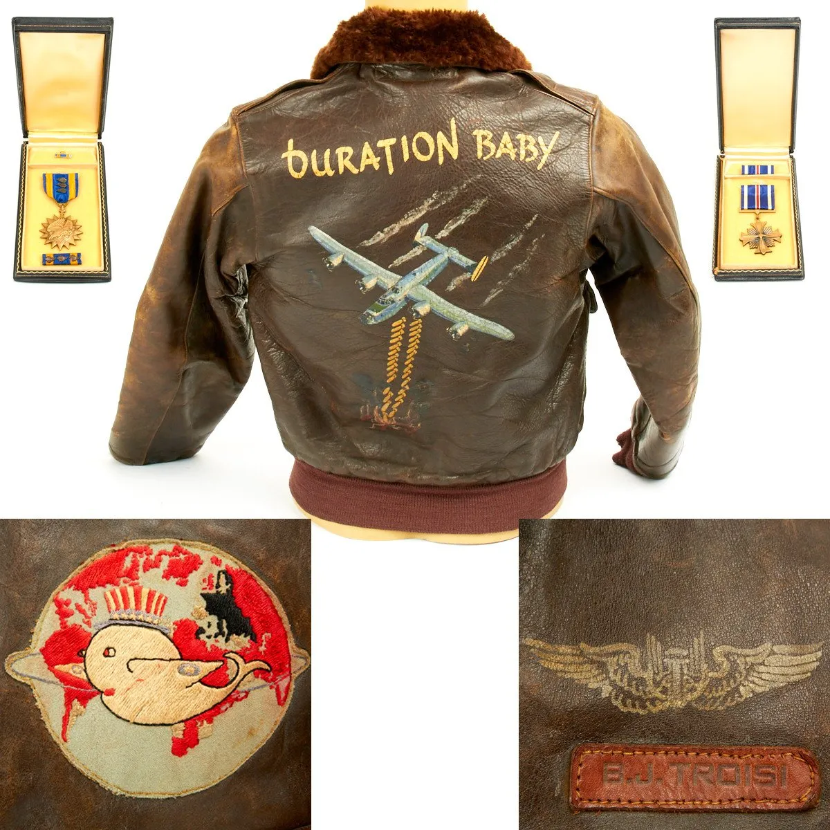 Original U.S. WWII B-24 Liberator Duration Baby Named Leather A-2 Jacket with Medal Grouping