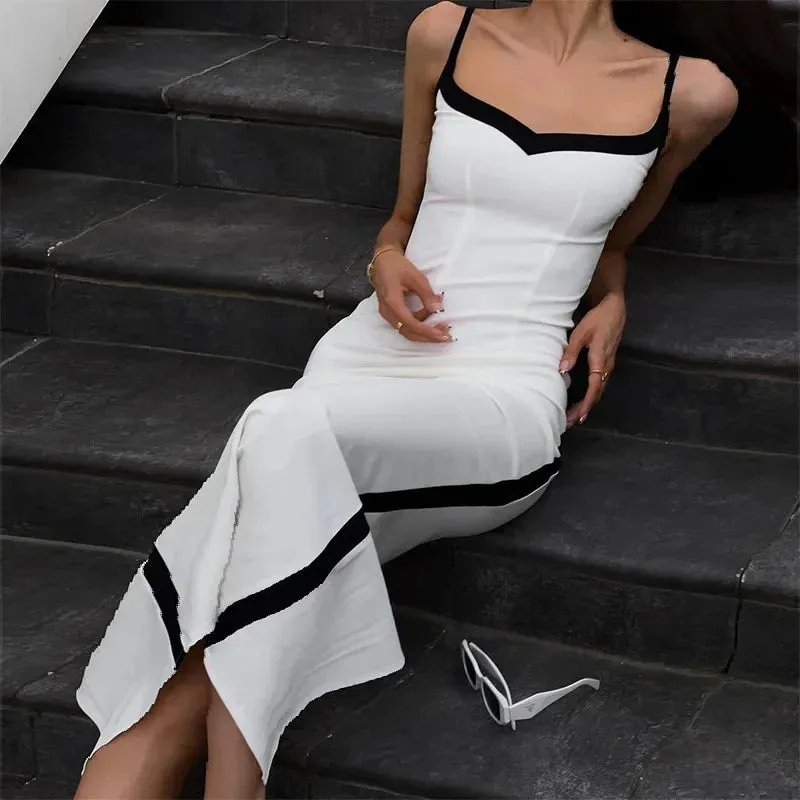 Patchwork V Neck Spaghetti Strap Sleeveless Bodycon Maxi Dress