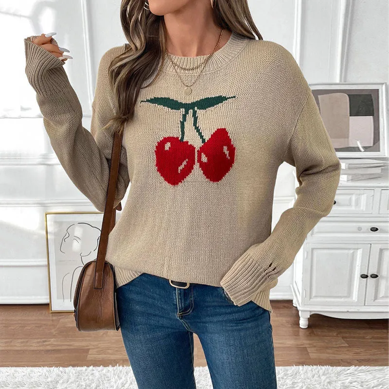 PEOPLETERRITORY autumn and winter new round neck cherry pullover sweater  Valentine's Day Christmas hot sale knitted sweater women