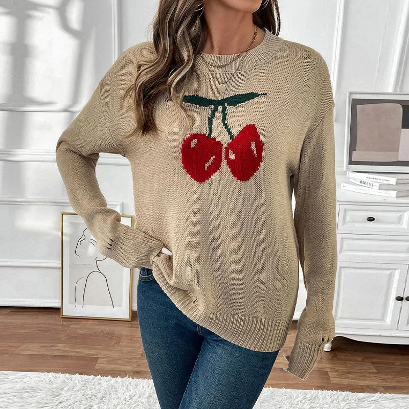 PEOPLETERRITORY autumn and winter new round neck cherry pullover sweater  Valentine's Day Christmas hot sale knitted sweater women