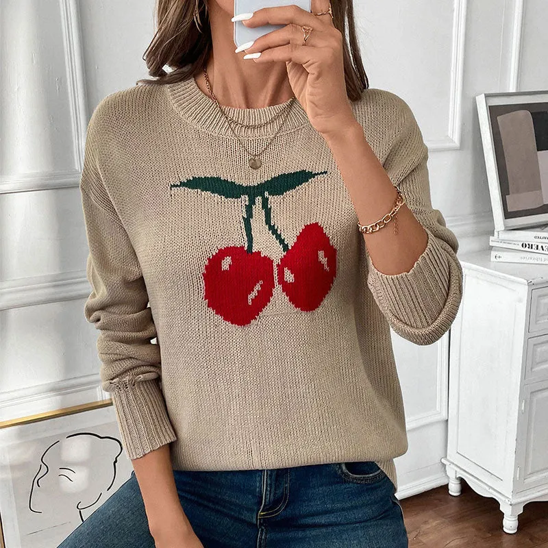 PEOPLETERRITORY autumn and winter new round neck cherry pullover sweater  Valentine's Day Christmas hot sale knitted sweater women