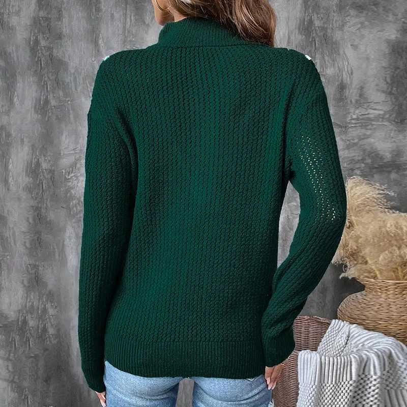 PEOPLETERRITORY  contrasting color zipper semi-open placket New autumn and winter new knitted pullover retro dark green lapel sweater