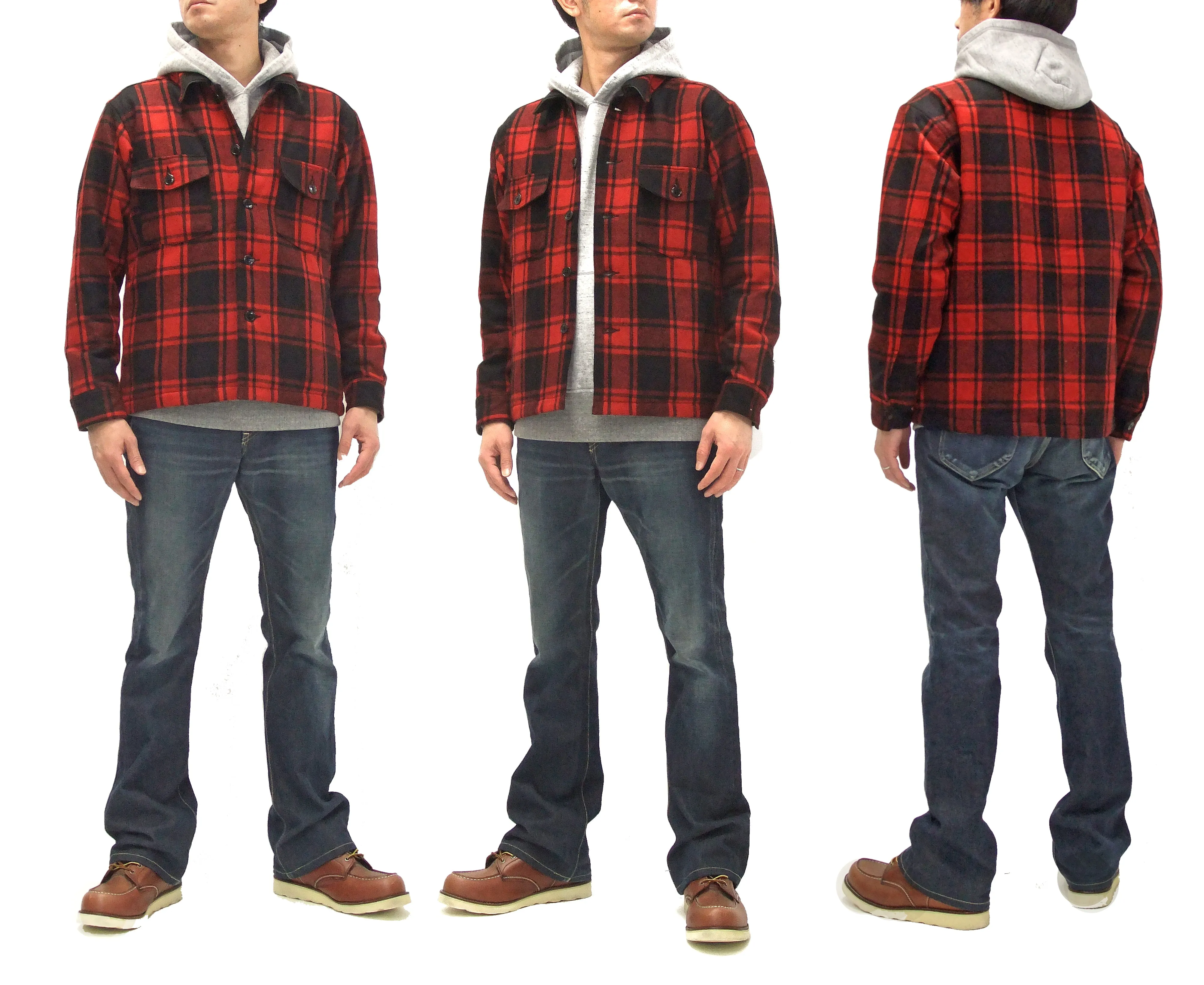 Pherrow's Wool Plaid Shirt Jacket Men's Shacket with Lightweight Lining Pherrows 21W-PCSJ2 Red/Black