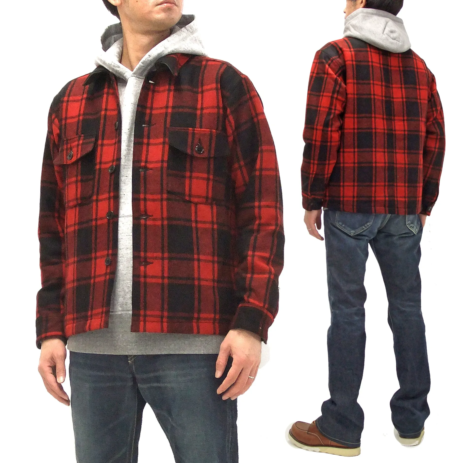 Pherrow's Wool Plaid Shirt Jacket Men's Shacket with Lightweight Lining Pherrows 21W-PCSJ2 Red/Black