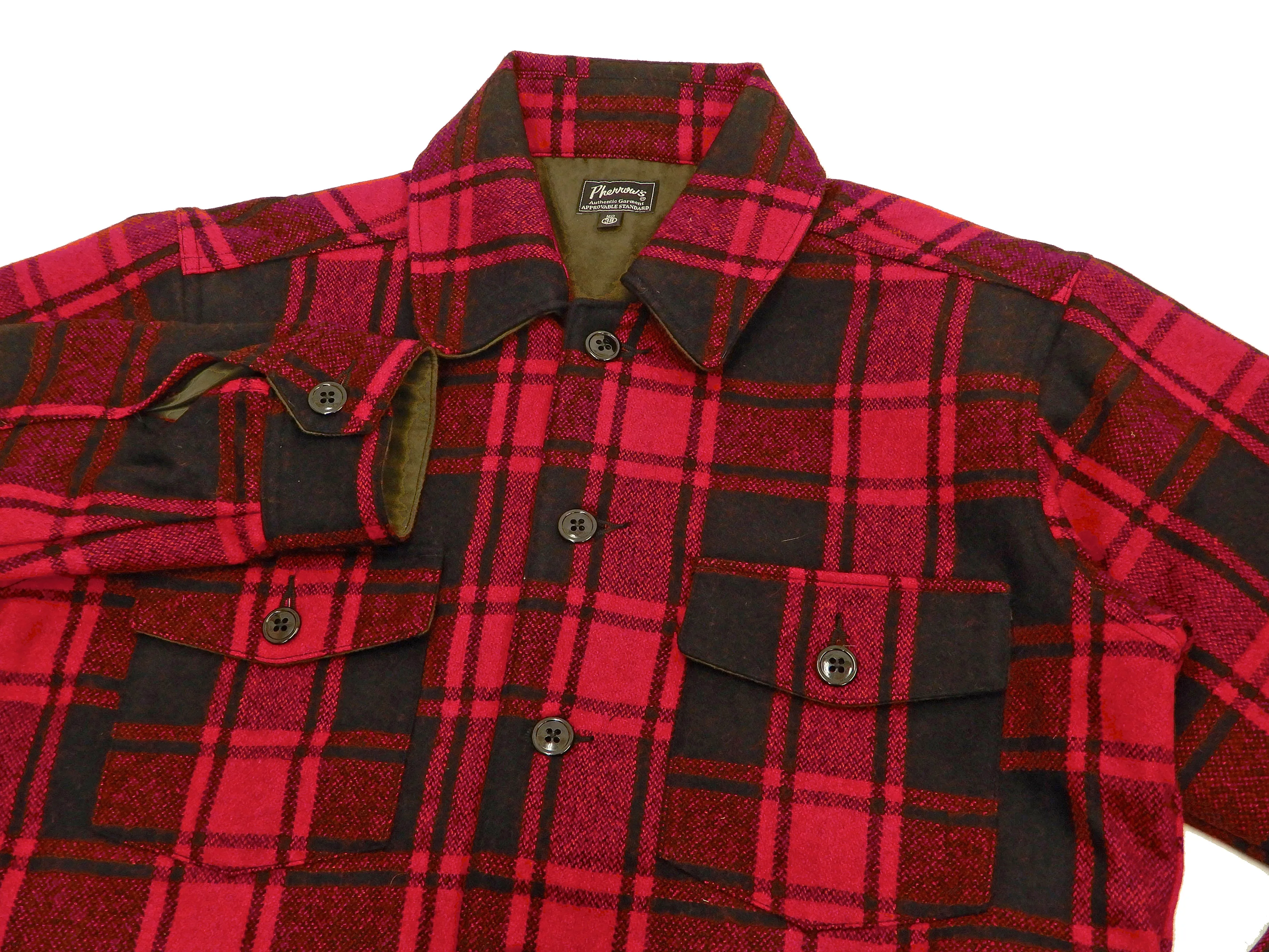 Pherrow's Wool Plaid Shirt Jacket Men's Shacket with Lightweight Lining Pherrows 21W-PCSJ2 Red/Black