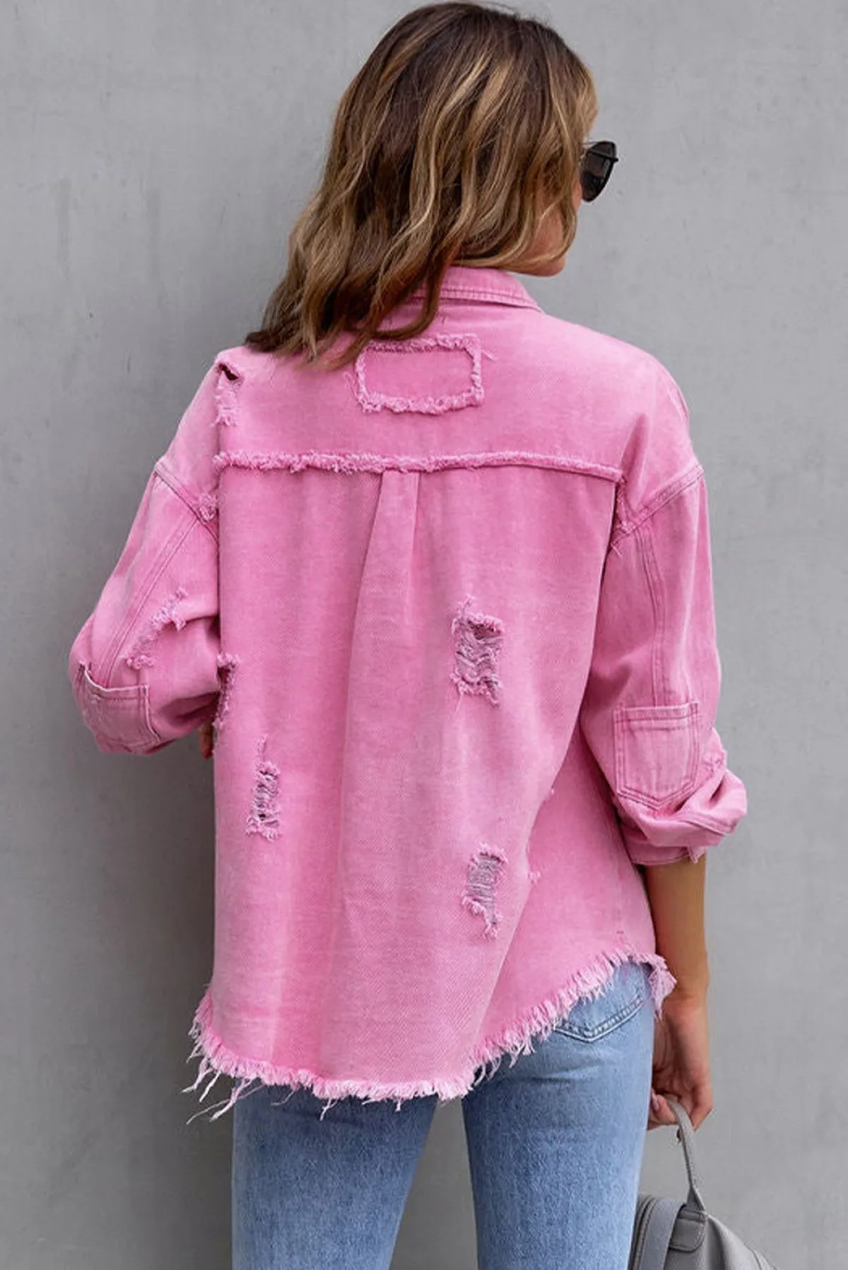 Pink Distressed Flap Pockets Raw Edge Denim Shacket