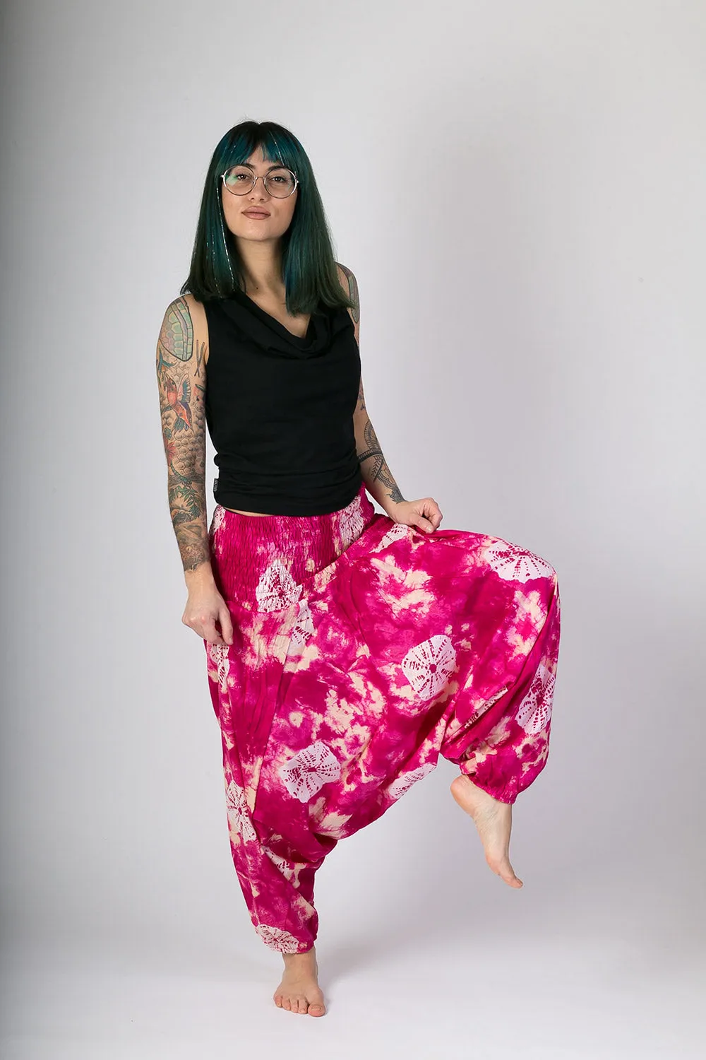 Pink Tie Dye Print Cotton Harem Yoga Jumpsuit Pants