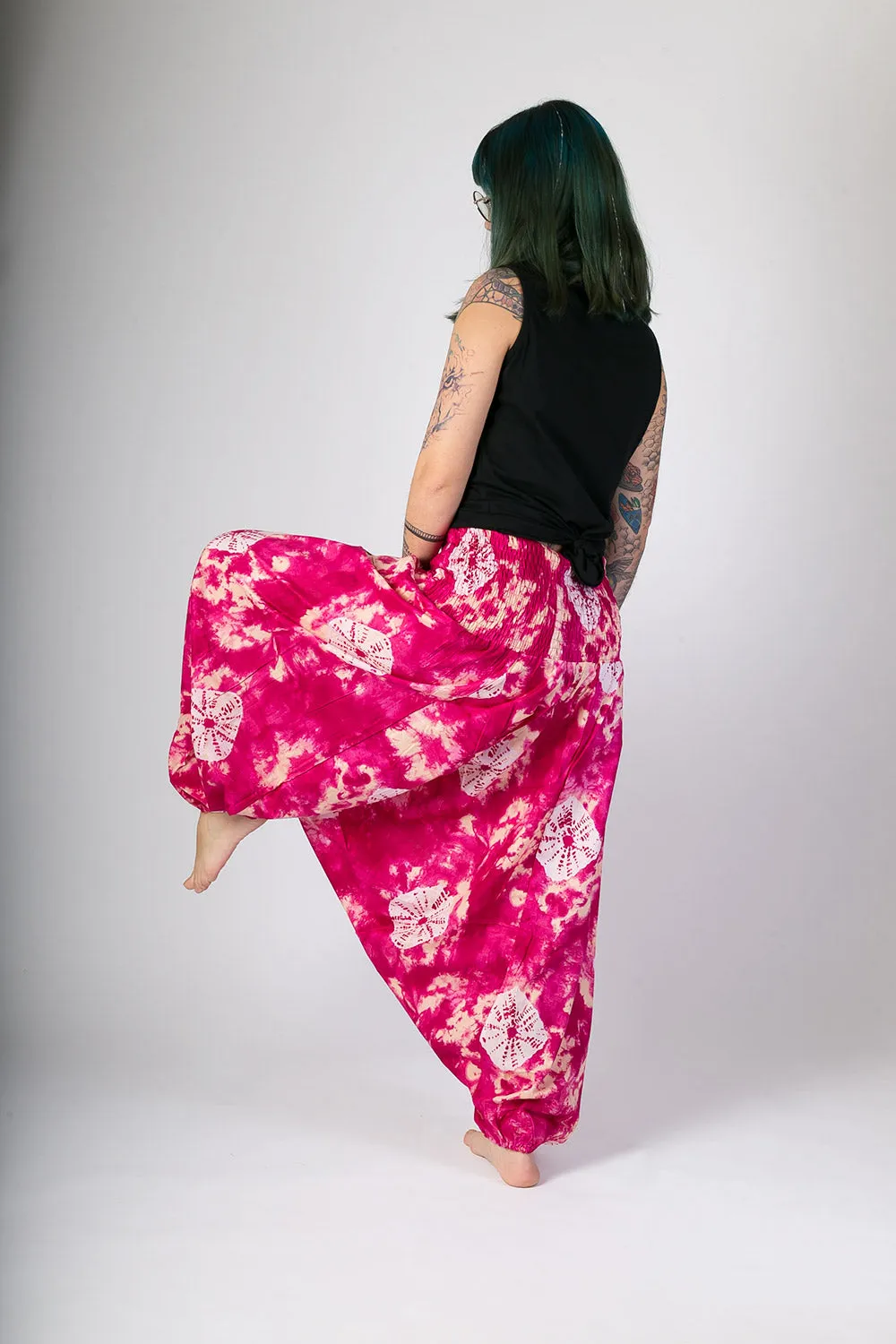 Pink Tie Dye Print Cotton Harem Yoga Jumpsuit Pants