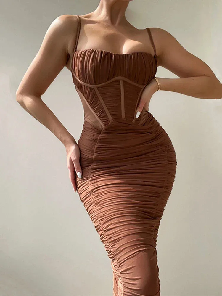 Pleated Spaghetti Strap Summer Party Slash Neck Backless Slim Bodycon Bandage Midi Dress