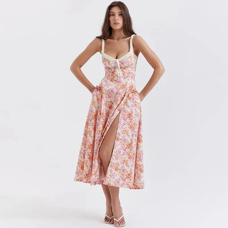 Print A-line Spaghetti Strap Summer Long Split Nightclub Sexy Midi Dress